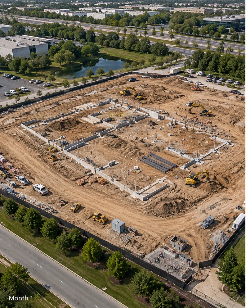 Drone construction progress image from the first month, showing foundations and earthwork