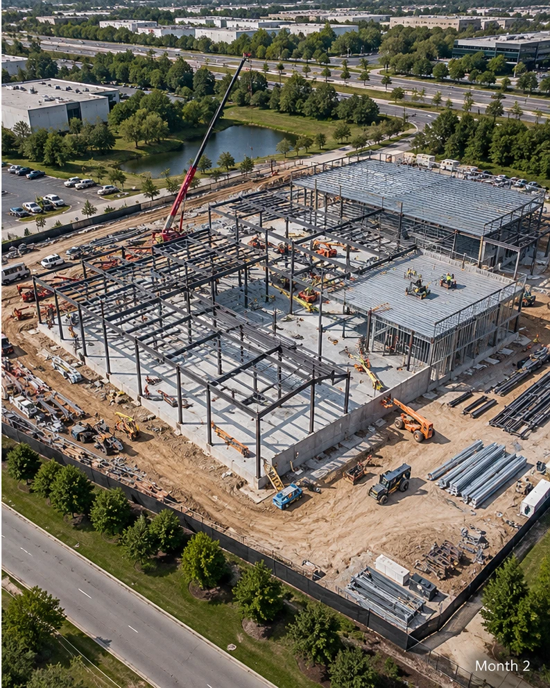 Drone construction progress image from the second month, showing steel erection and slab progress