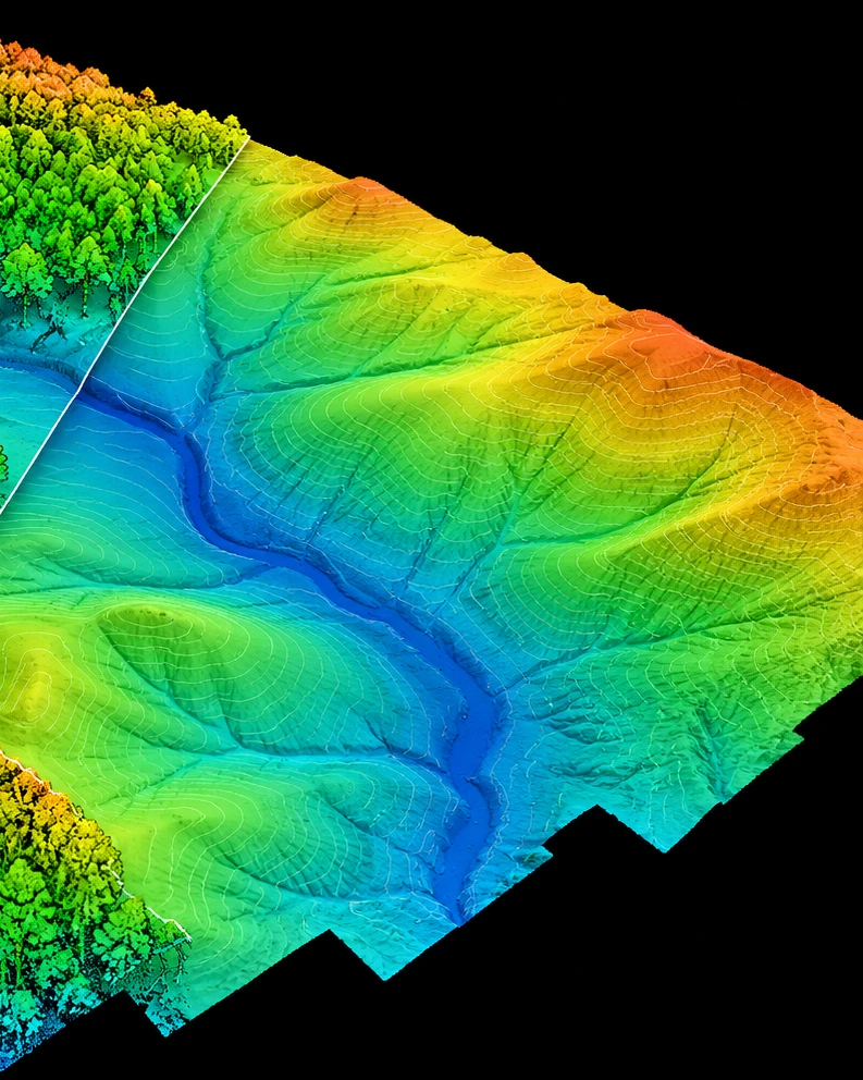 Bare-earth LiDAR terrain model of the same area, with vegetation removed and contours visible