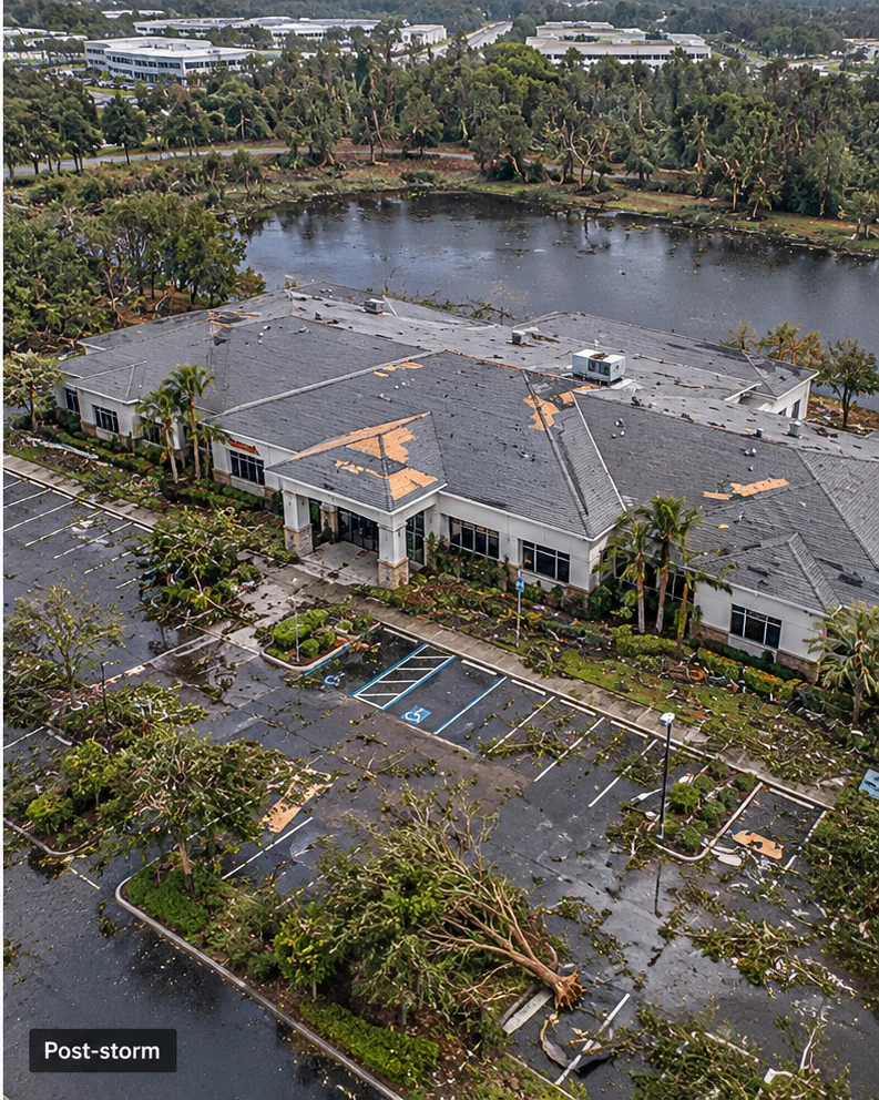 Drone image of the same commercial property after storm damage, with roof and site debris visible