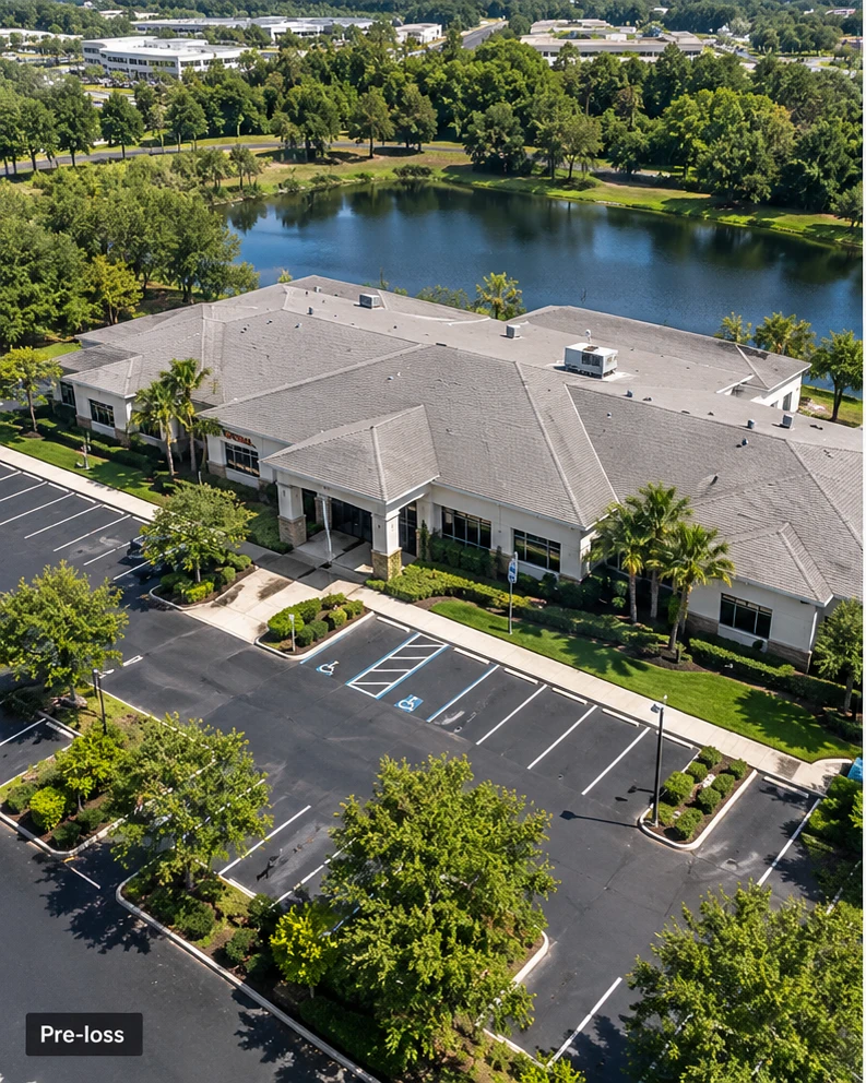 Baseline drone image of a commercial property before storm damage