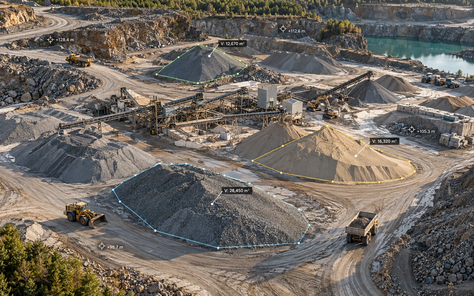 Aerial quarry stockpile survey with measured pile outlines and labeled volumes